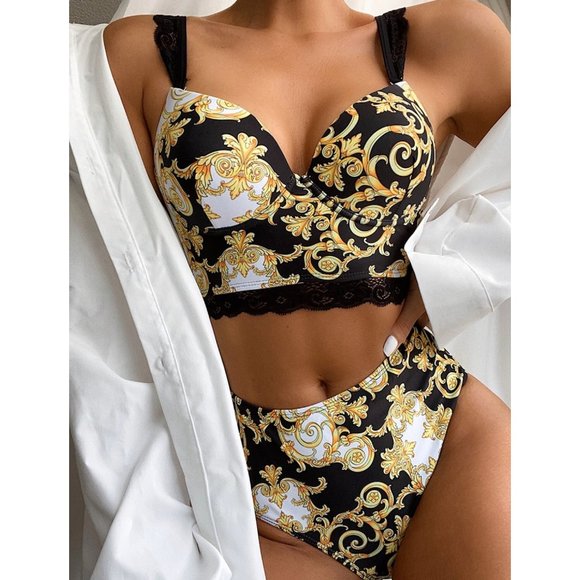 Other - Yellow Printed High Waisted Bustier Padded Two Piece Bikini Swimsuit